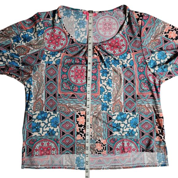 Sunny Leigh Pink Teal Multi Color Boho Patchwork Bandana Print Top sz S - Picture 9 of 10